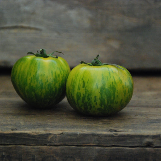 Two green and yellow striped tomatoes on a wooden surface with a stone wall background.