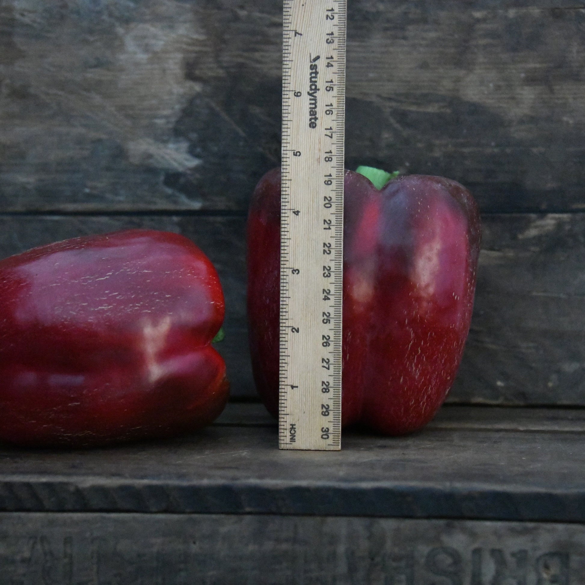 Two red bell peppers with a ruler marking 5 inches on a wooden surface
