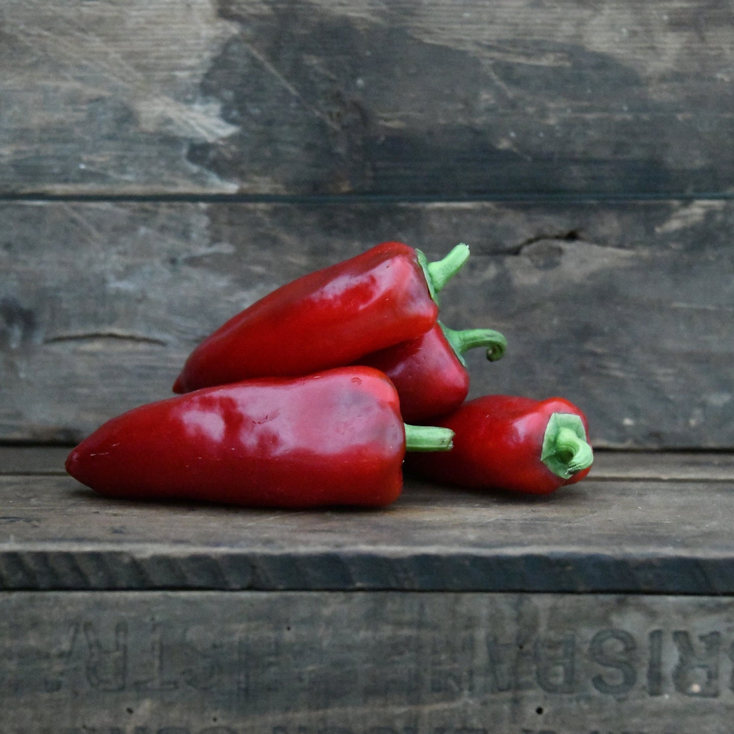 Three red peppers on a wooden surface with a rustic background