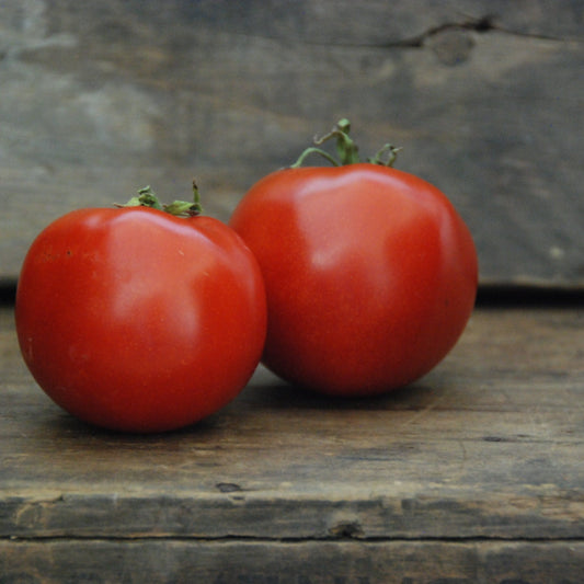 Two red tomatoes on a wooden surface with a blurred background