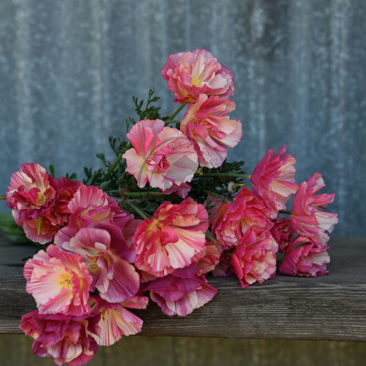 Bouquet of pink flowers on a wooden surface with a blurred background