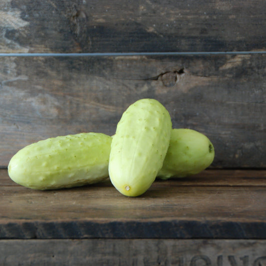 Three salt and pepper cucumbers on a wooden surface with a rustic background