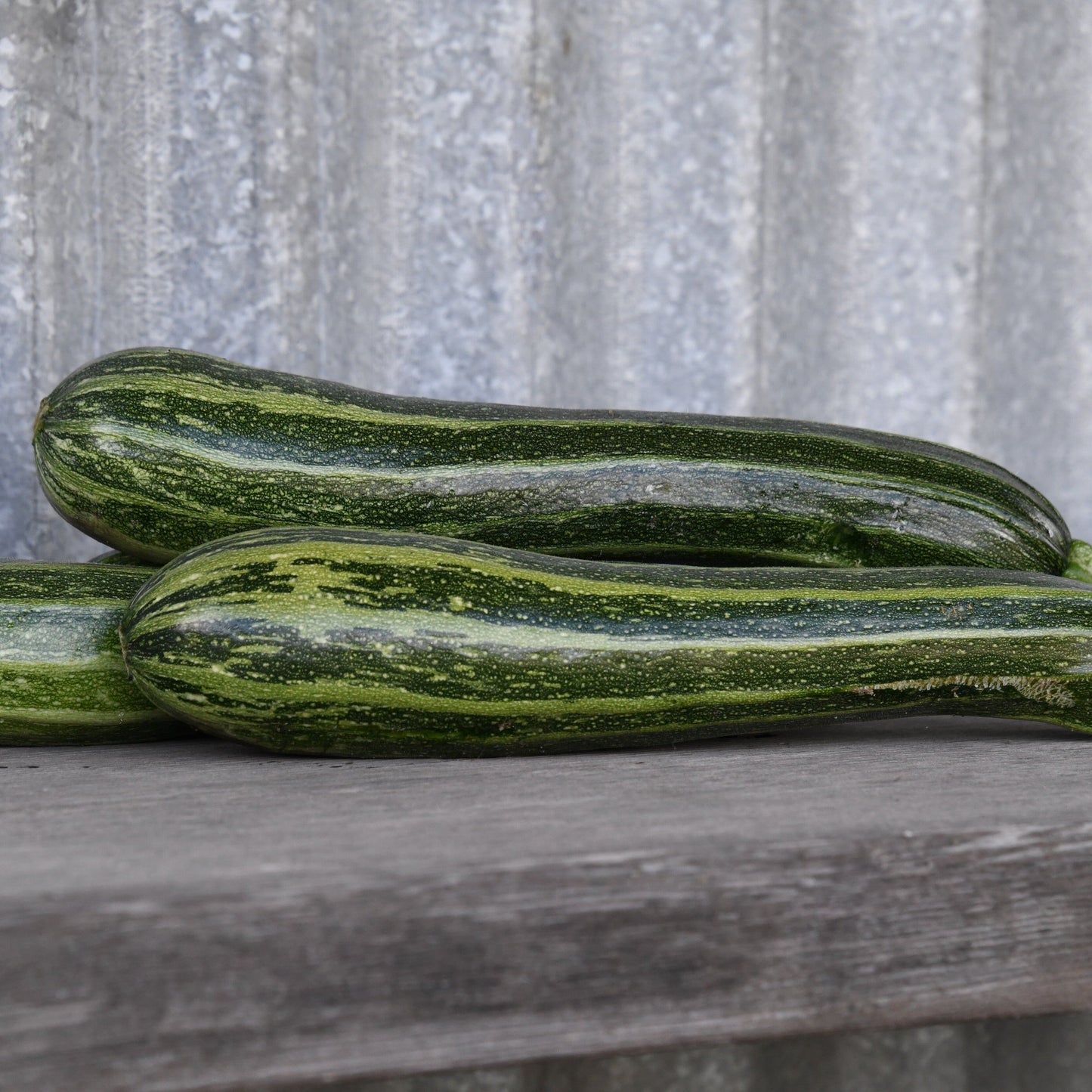 Two green zucchinis on a wooden surface with a metallic background