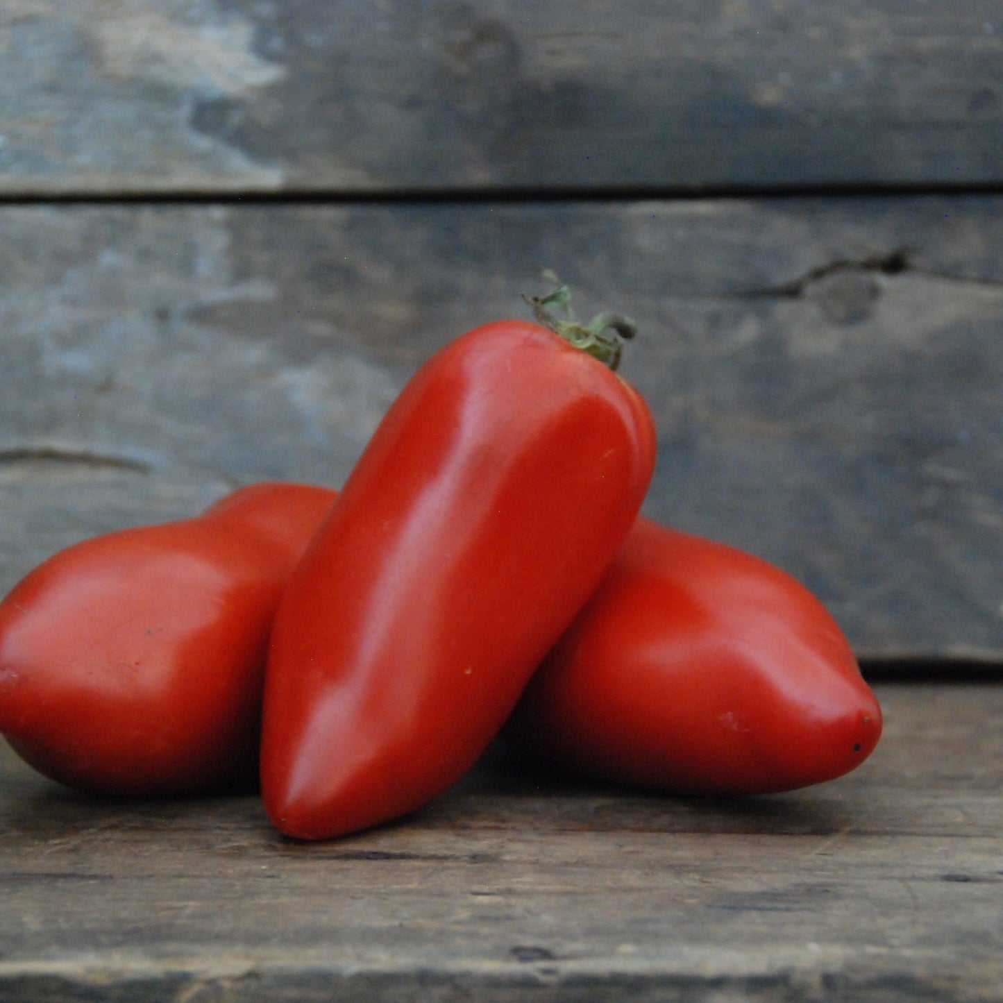 three tomatoes on a wooden surface