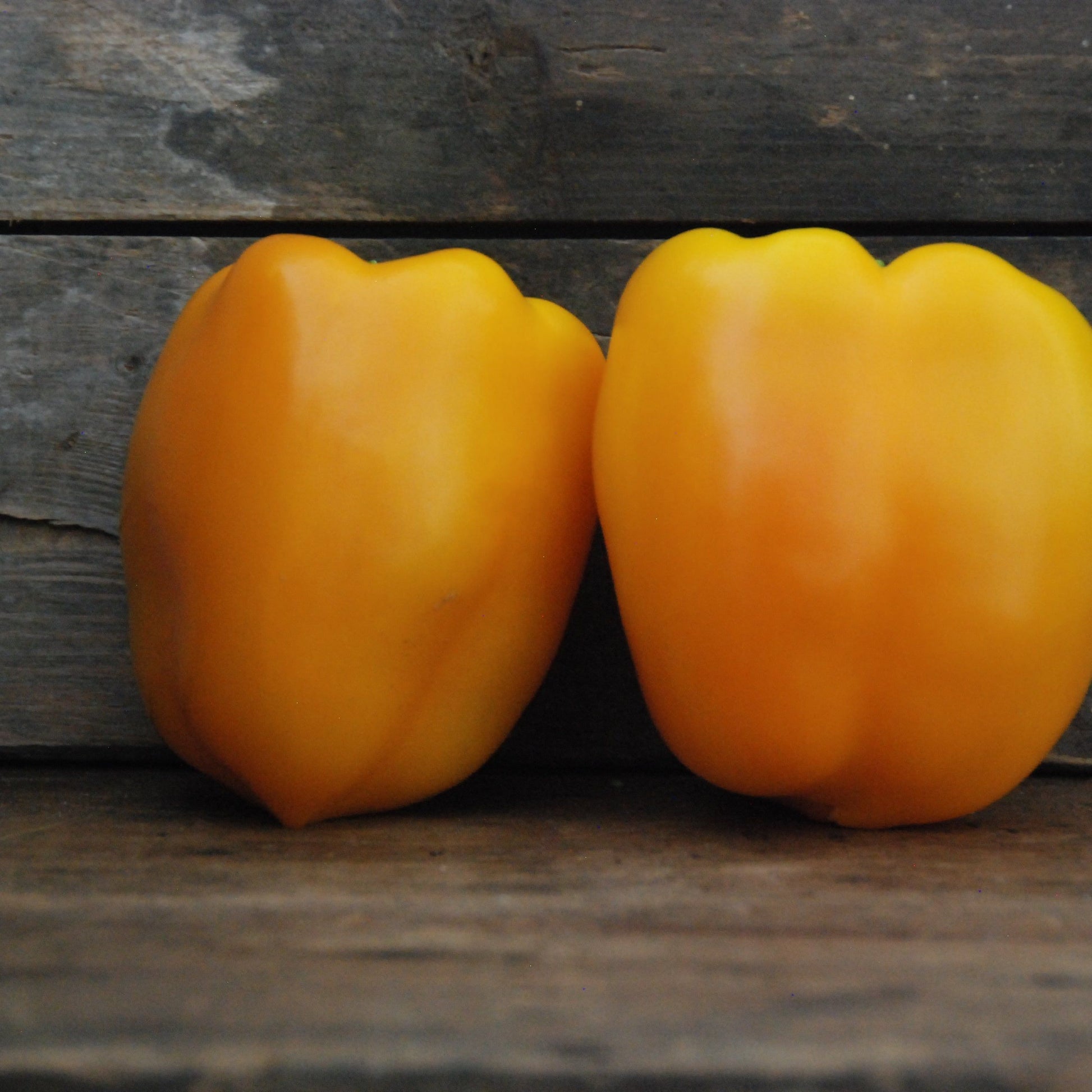 Two yellow bell peppers on a wooden surface