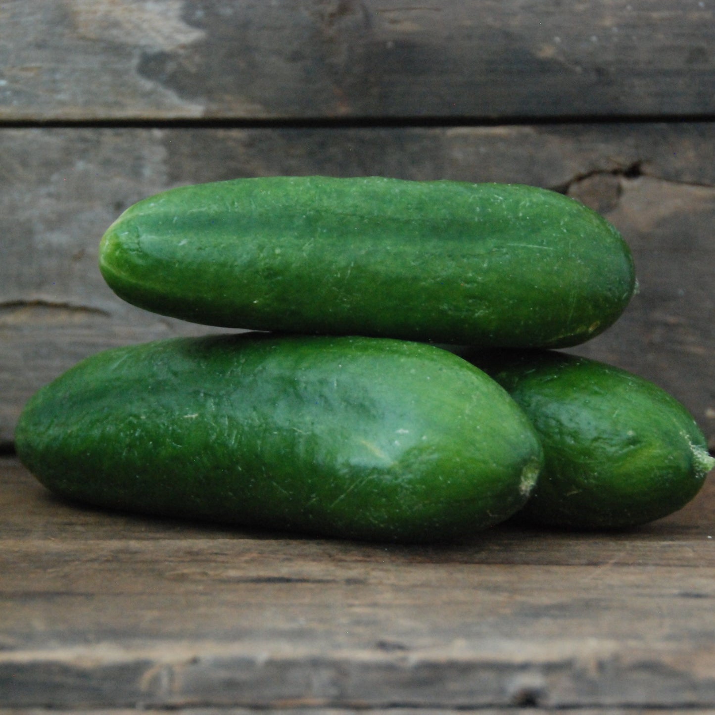Three green cucumbers stacked on a wooden surface
