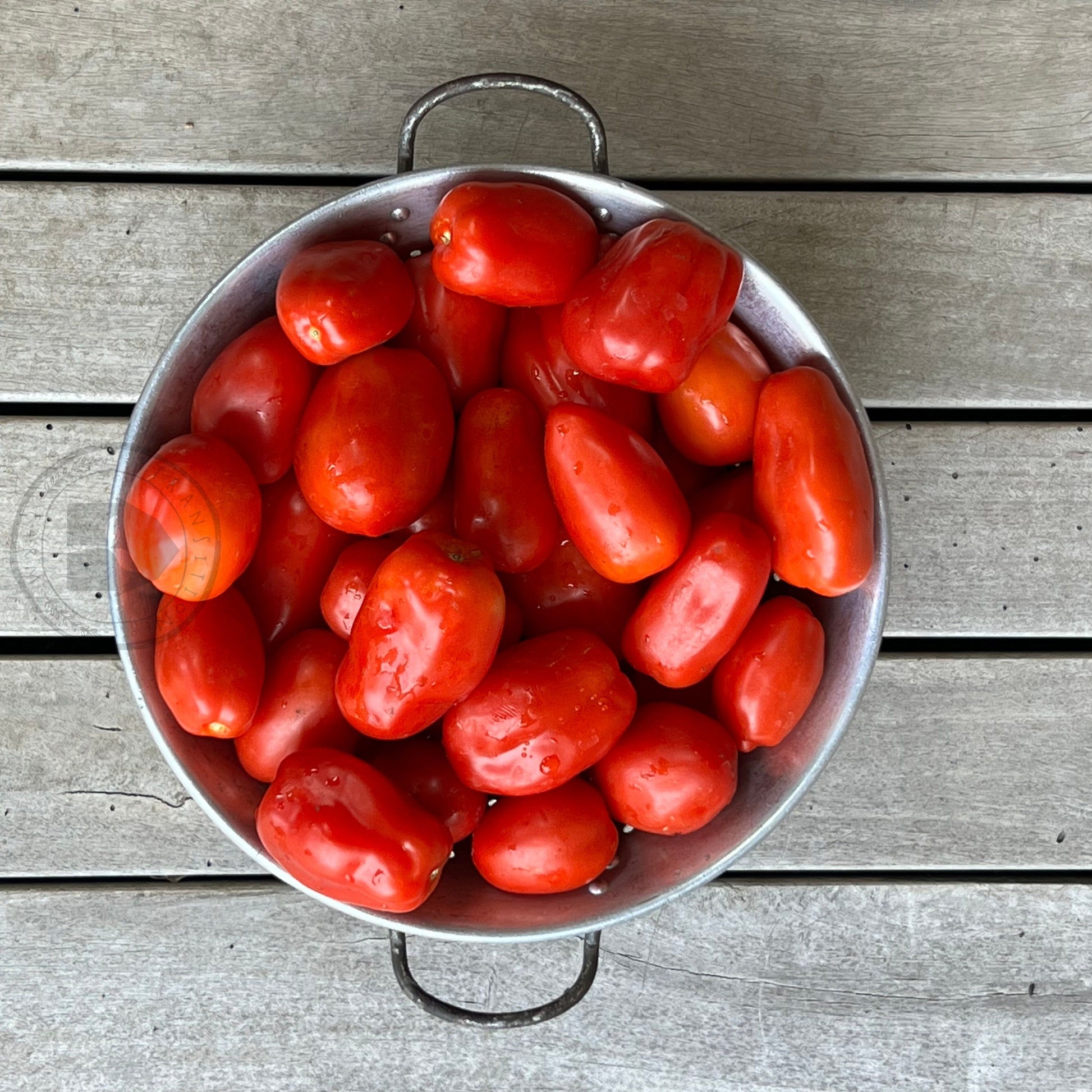 Metal colander filled with red tomatoes on a wooden surface